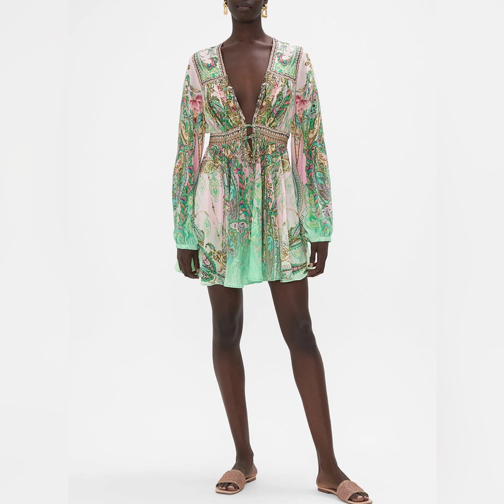 Camilla Lost City Short Peasant Elegant Green Paisley Vacation Dress Small